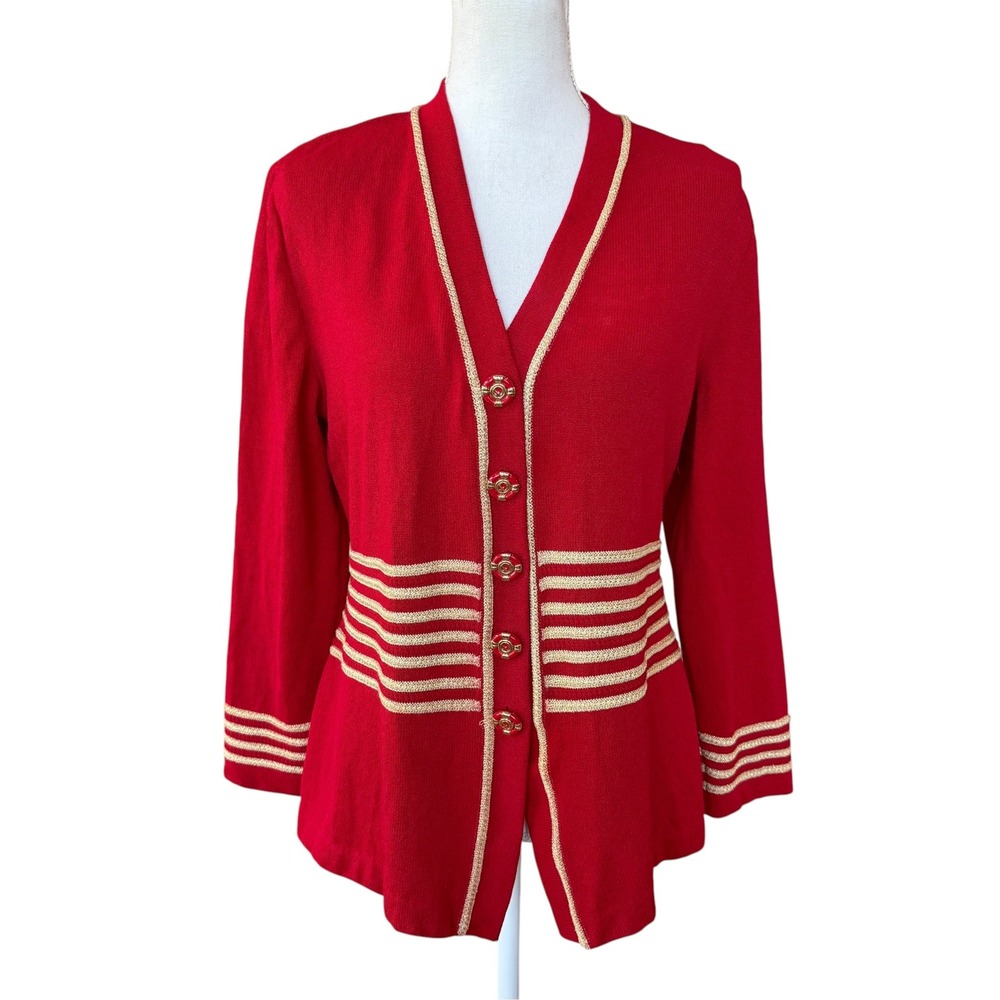 St. John Collection Red Gold Metallic Trim Knit Cardigan Jacket Size 8